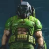 Doomguy from Doom Eternal Wearing Green Armour and Black Helmet in Space Setting