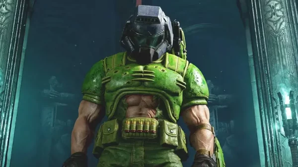Doomguy from Doom Eternal Wearing Green Armour and Black Helmet in Space Setting