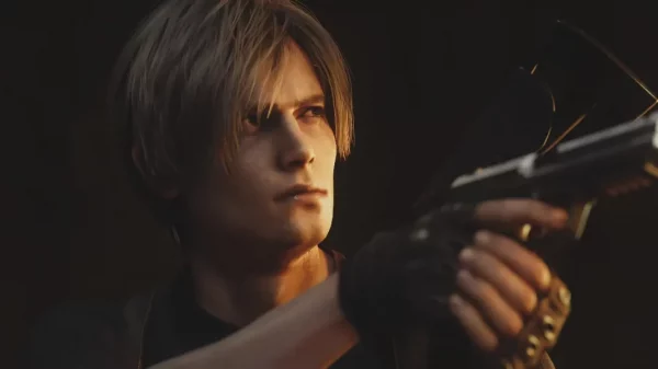 Leon Holds a Handgun Surrounded by Darkness in the Resident Evil 4 Remake