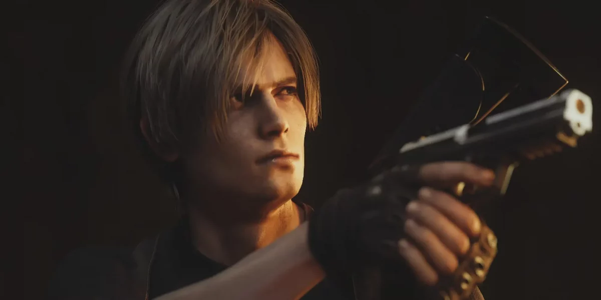 Leon Holds a Handgun Surrounded by Darkness in the Resident Evil 4 Remake
