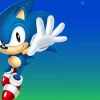 Sonic the Hedgehog Striking a pose on a Blue and Green Background