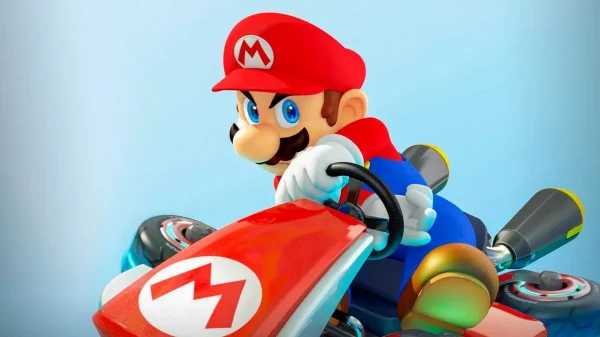 Mario driving a kart in Mario Kart video game